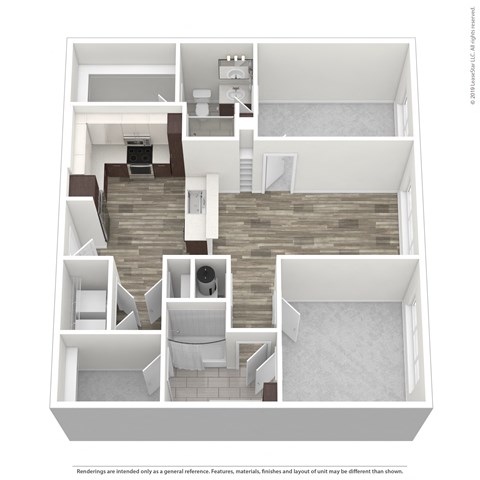 A 3D rendered image of a modern apartment layout.